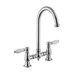 PB Old fashion Bridge kitchen faucet Chrome round spout with white handles PBN.CHR.R.WH