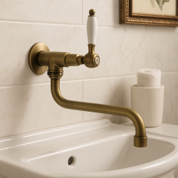 PB klassieke muur fonteinkraan met witte hendel koud water en lange uitloop brons 1208853602