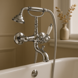 PB Nostalgic bath mixer with hand shower and white lever Chrome