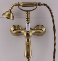 Mezclador de bañera PB Nostalgic con teleducha y palanca blanca en color bronce