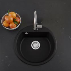 GraniteMy Bremen ronde granieten spoelbak 43 cm zwart opbouw en onderbouw met kraangatbank met rvs plug 1208953206