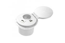 Furniture socket CHARGER PLUS, Ø80 mm, 1xSHUKO, USB A+C, in the set three replaceable modules (USB-A, HDMI, RJ45), cable 1.5 m, white