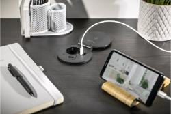 Furniture socket CHARGER PLUS, Ø80 mm, 1xSHUKO, USB A+C, in the set three replaceable modules (USB-A, HDMI, RJ45), cable 1.5 m, black