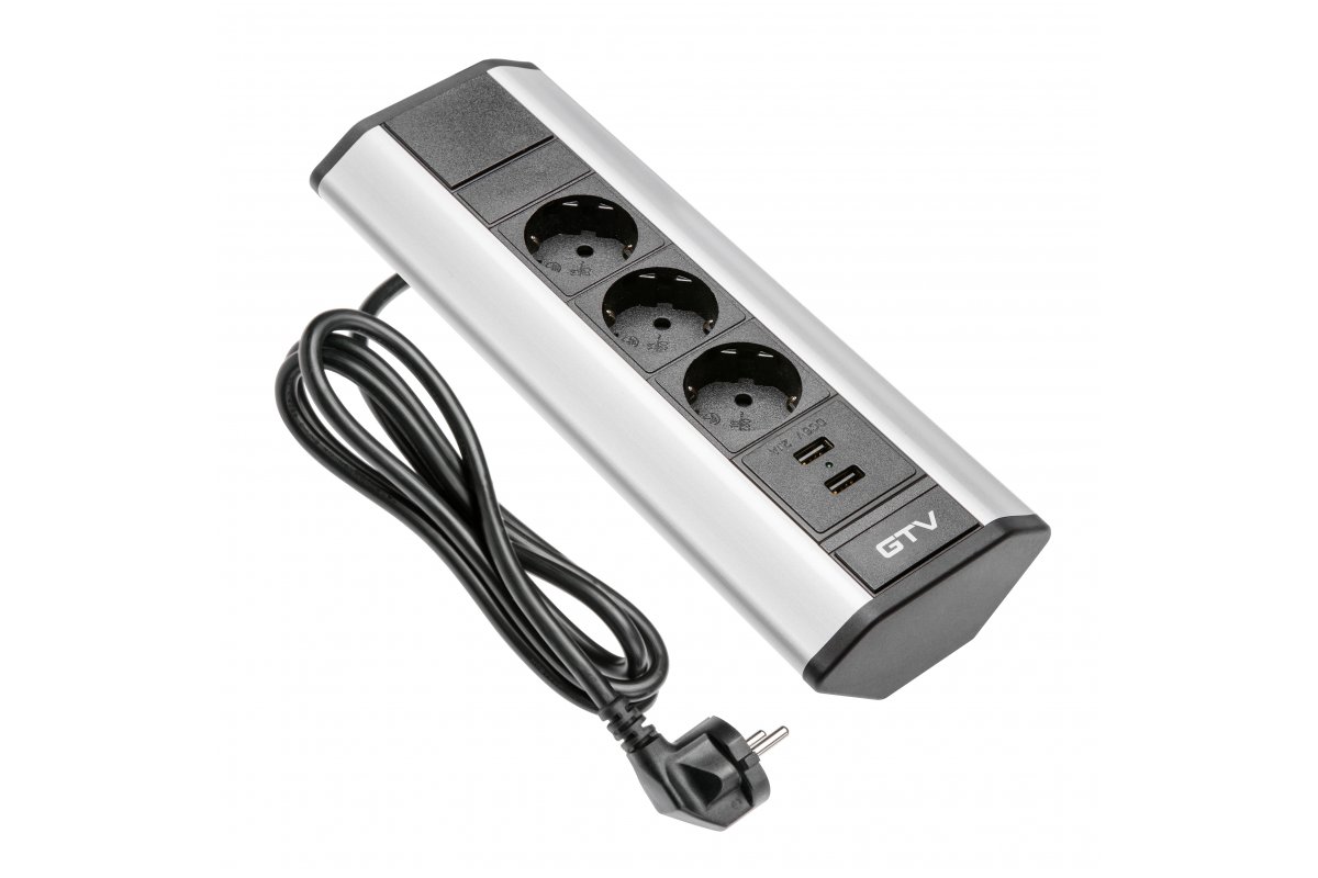 Indux Corner aluminum corner outlet 3x type F grounded outlets + 2x USB-A 2.1A 3600W