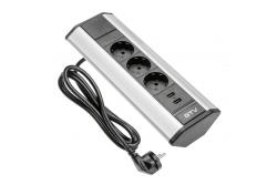 Corner extension cord 3xSHUKO, 2xUSB-A 2.1A, aluminum
