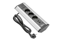 Corner extension cord 3xSHUKO, 2xUSB-A 2.1A, aluminum