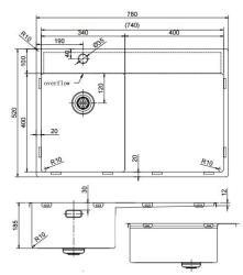 Pure.Sink Exclusivo Gouden spoelbak 74x40 cm Tapwing met afdruipgedeelte 10mm radius onderbouw vlakinbouw en opbouw .PEX3478LT-60
