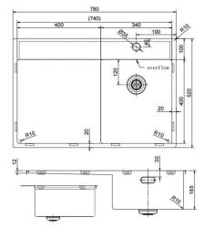 Pure.Sink Exclusivo Gun Metal spoelbak Rechts 74x40 cm Tapwing met afdruipgedeelte 10mm radius onderbouw vlakinbouw en opbouw PEX3478RT-61
