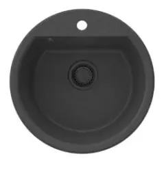 GraniteMy Bremen ronde granieten spoelbak 43 cm zwart, opbouw en onderbouw, met kraangatbank en automatische zwarte plug 1208971839