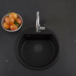 GraniteMy Bremen ronde granieten spoelbak 43 cm zwart, opbouw en onderbouw, met kraangatbank en automatische zwarte plug 1208971839