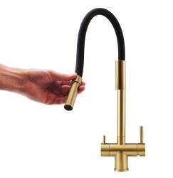 Pure.Sink Elite Steel Flex 3-weg PVD geborsteld goud keukenkraan met flexibele uitloop en Gefilterd Water PS8110-60