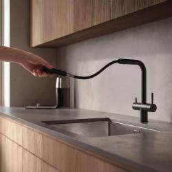 Pure.Sink Elite Steel Clear-S Mat zwart 3-weg Keukenkraan met Uittrekbare Uitloop en Gefilterd Water PS8120-10