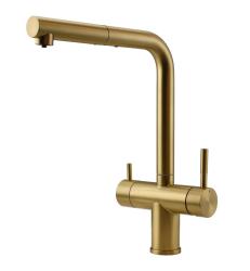 Pure.Sink Elite Steel Clear-S PVD brušeno zlato 3-potna kuhinjska pipa z izvlečnim izlivom in filtrirano vodo PS8120-60