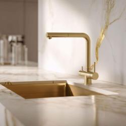 Pure.Sink Elite Steel Clear-S PVD brušeno zlato 3-potna kuhinjska pipa z izvlečnim izlivom in filtrirano vodo PS8120-60
