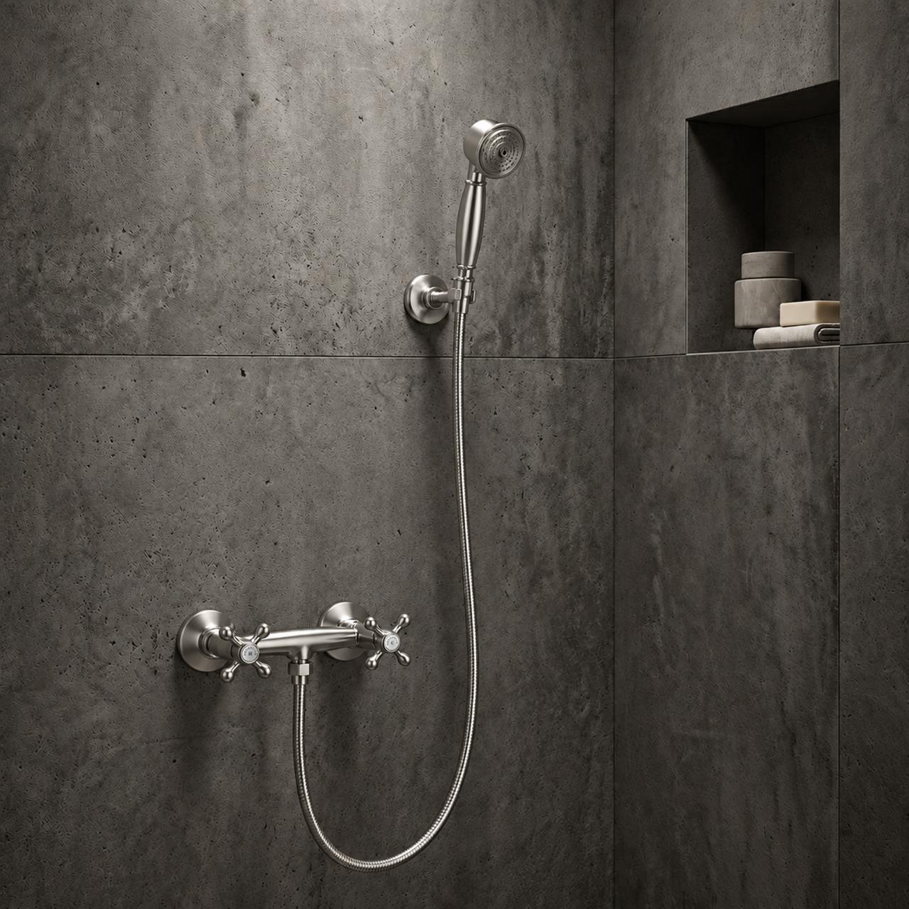 Aquanello Heritage Ascot Classic Surface-Mount Shower Faucet Set with Star Knobs, Stainless Steel, including Hand Shower NB-2002-HA
