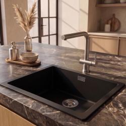 Pure.Sink Eternal Quartz Black Sink 50x40 cm Undermount and Overmount with Stainless Steel Drain Plug