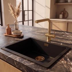 Pure.Sink Eternal Quartz Black Sink 50x40 cm Undermount and Overmount with Gold Drain Plug