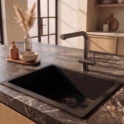 Pure.Sink Eternal Quartz Black Sink 50x40 cm Undermount and Overmount with Gunmetal Plug