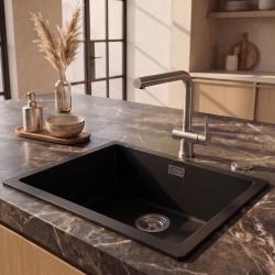 Pure.Sink Eternal Quartz Black Sink 50x40 cm Under-mount and Over-mount with Automatic Stainless Steel Plug