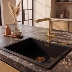 Pure.Sink Eternal Quartz Black Sink 50x40 cm Undermount and Overmount with Automatic Gold Drain Plug