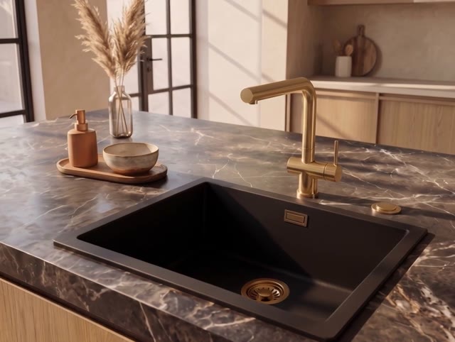 Pure.Sink Eternal Quartz Zwarte Spoelbak 50x40 cm Onderbouw en Opbouw met Automatische Gouden plug