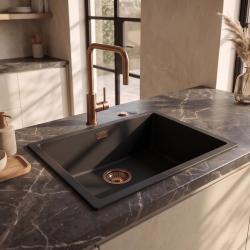 Pure.Sink Eternal Quartz Black Sink 50x40 cm Under-mount and Over-mount with Automatic Copper Plug