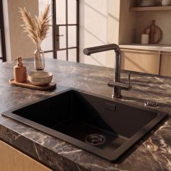 Pure.Sink Eternal Quartz Black Sink 50x40 cm Under-mount and Over-mount with Automatic Gunmetal Plug