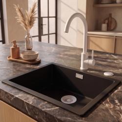 Pure.Sink Eternal Quartz Black Sink 50x40 cm Undermount and Overmount with Automatic White Stopper