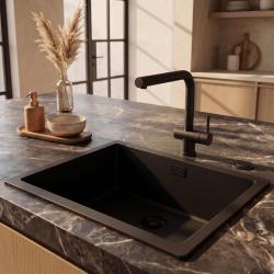 Pure.Sink Eternal Quartz Black Sink 50x40 cm Under-mount and Over-mount with Automatic Black Plug