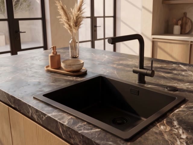 Pure.Sink Eternal Quartz Zwarte Spoelbak 50x40 cm Onderbouw en Opbouw met Automatische Zwarte plug