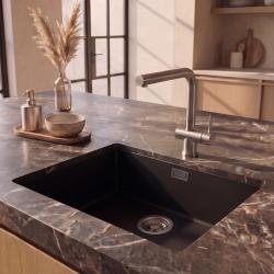 Pure.Sink Eternal Quartz Black Sink 50x40 cm, Flush-Mount and Under-Mount with Stainless Steel Plug