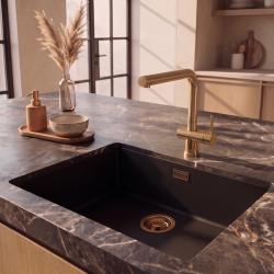Pure.Sink Eternal Quartz Black Sink 50x40 cm, Flush-Mount and Under-Mount with Gold Drain Plug