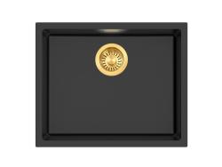 Pure.Sink Eternal Quartz Black Sink 50x40 cm, Flush-Mount and Under-Mount with Gold Drain Plug