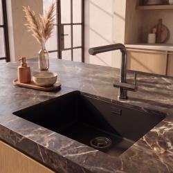 Pure.Sink Eternal Quartz Black Sink 50x40 cm, Flush-Mount and Under-Mount with Gunmetal Plug