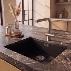 Pure.Sink Eternal Quartz Black Sink 50x40 cm, Flush-Mount and Under-Mount with Automatic Stainless Steel Stopper