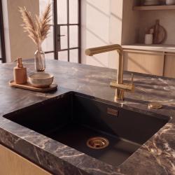 Pure.Sink Eternal Quartz Black Sink 50x40 cm, Flush-Mount and Undermount with Automatic Gold Plug