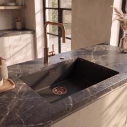 Pure.Sink Eternal Quartz Black Sink 50x40 cm, Flush-Mount and Undermount with Automatic Copper Plug