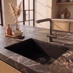 Pure.Sink Eternal Quartz Black Sink 50x40 cm, Flush-Mount and Undermount, with Automatic Gunmetal Plug