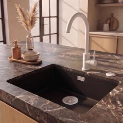 Pure.Sink Eternal Quartz Black Sink 50x40 cm, Flush-Mount and Undermount, with Automatic White Plug