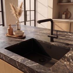Pure.Sink Eternal Quartz Black Sink 50x40 cm, Flush-Mount and Under-Mount with Automatic Black Plug