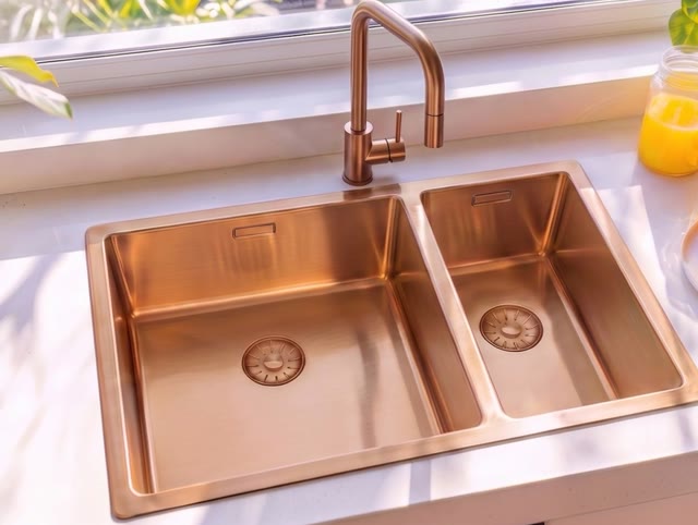 Pure.Sink Comfort 1,5 anderhalve PVD rose koperen spoelbak 34+18 cm grote bak links PCM341840-62