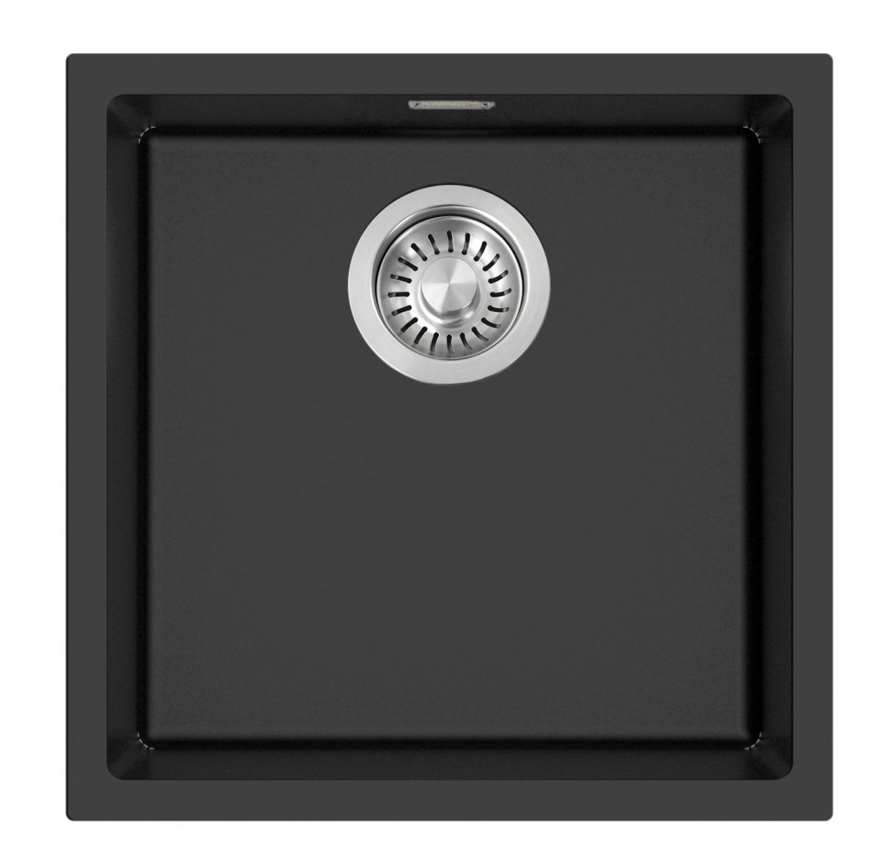 Pure.Sink Eternal Quartz Black Sink, 40x40 cm, Under-mount and Over-mount, with Stainless Steel Drain Plug