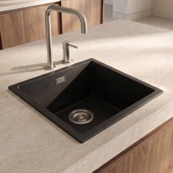Pure.Sink Eternal Quartz Black Sink, 40x40 cm, Under-mount and Over-mount, with Stainless Steel Drain Plug
