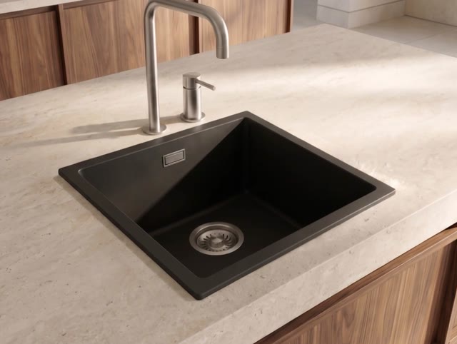 Pure.Sink Eternal Quartz Zwarte Spoelbak 40x40 cm Onderbouw en Opbouw met RVS plug
