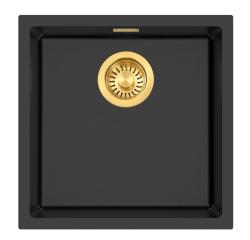 Pure.Sink Eternal Quartz Black Sink, 40x40 cm, Under-mount and Over-mount, with Gold Plug