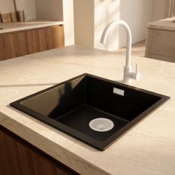 Pure.Sink Eternal Quartz Black Sink, 40x40 cm, Under-mount and Over-mount, with White Stopper