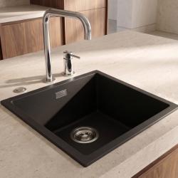 Pure.Sink Eternal Quartz Black Sink, 40x40 cm, Under-mount and Over-mount, with Automatic Stainless Steel Stopper