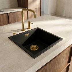 Pure.Sink Eternal Quartz Black Sink, 40x40 cm, Under-mount and Over-mount, with Automatic Gold Plug