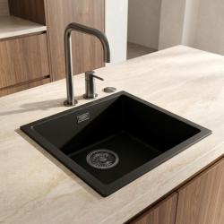 Pure.Sink Eternal Quartz Black Sink, 40x40 cm, Under-Mount and Over-Mount, with Automatic Plug Gun metal 