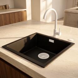 Pure.Sink Eternal Quartz Black Sink, 40x40 cm, Under-mount and Over-mount, with Automatic White Stopper